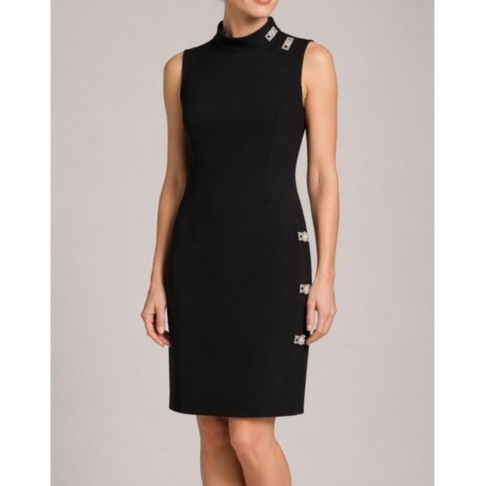Rickie Freeman Teri Jon Sheath Dress Womens Black Crystal Embellished LBD Glam